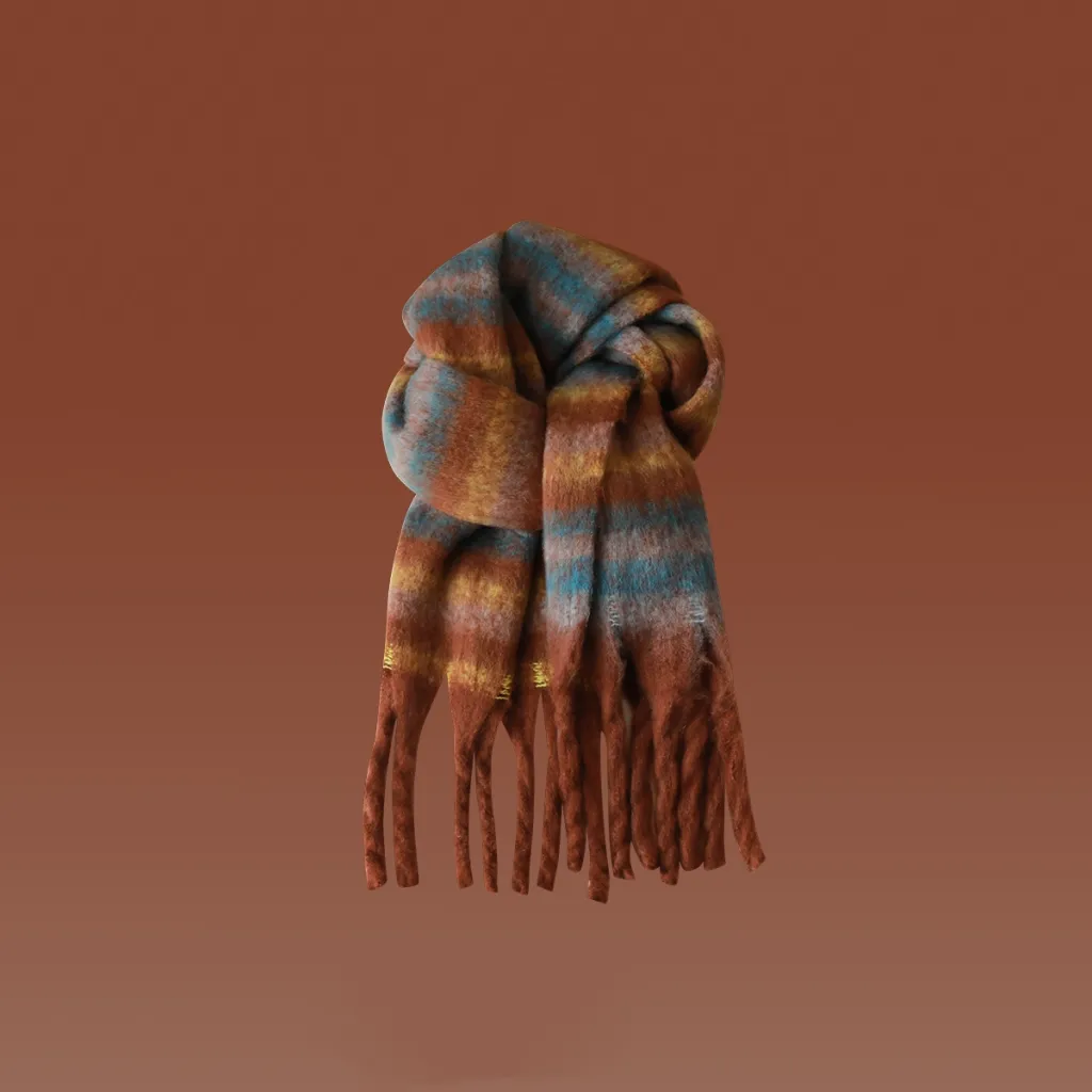 Dirty Orange Wool Beret Girls Autumn And Winter - Fringe Striped Scarf