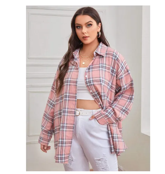 Loose And Slim Lapel Long Sleeved Brushed Plaid Shirt Pink - Shop at LoveMi