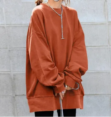Autumn And Winter New Style Solid Color Mid length Loose Round Neck Blouse Women Orange - Shop at LoveMi