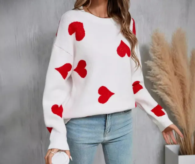 Love Little Peach Heart Plus Size Sweater Round Neck Knitted Pullover For Women White - Shop at LoveMi