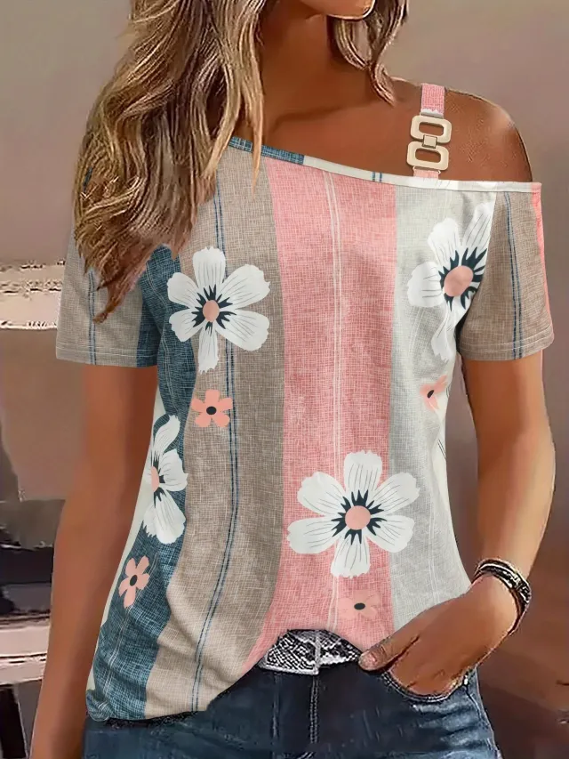 Shoulder baring Flower Print Button Knitted Short sleeved T shirt Lotus Root Color - Shop at LoveMi