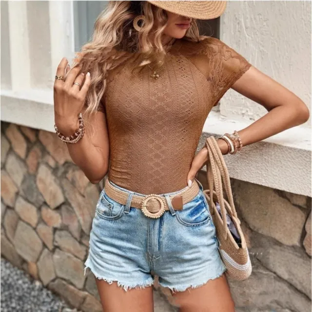 French Contrast Color Lace Raglan Sleeve T shirt Brown - Shop at LoveMi