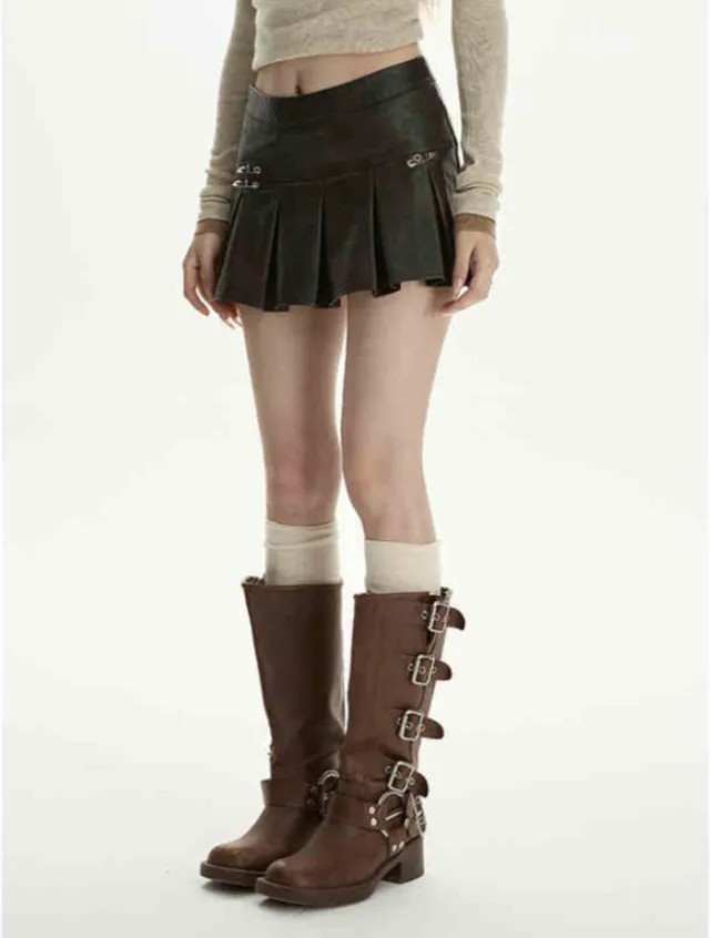 Women's Skirt High Waist Pleated A Line Leather Skirt Black - Shop at LoveMi