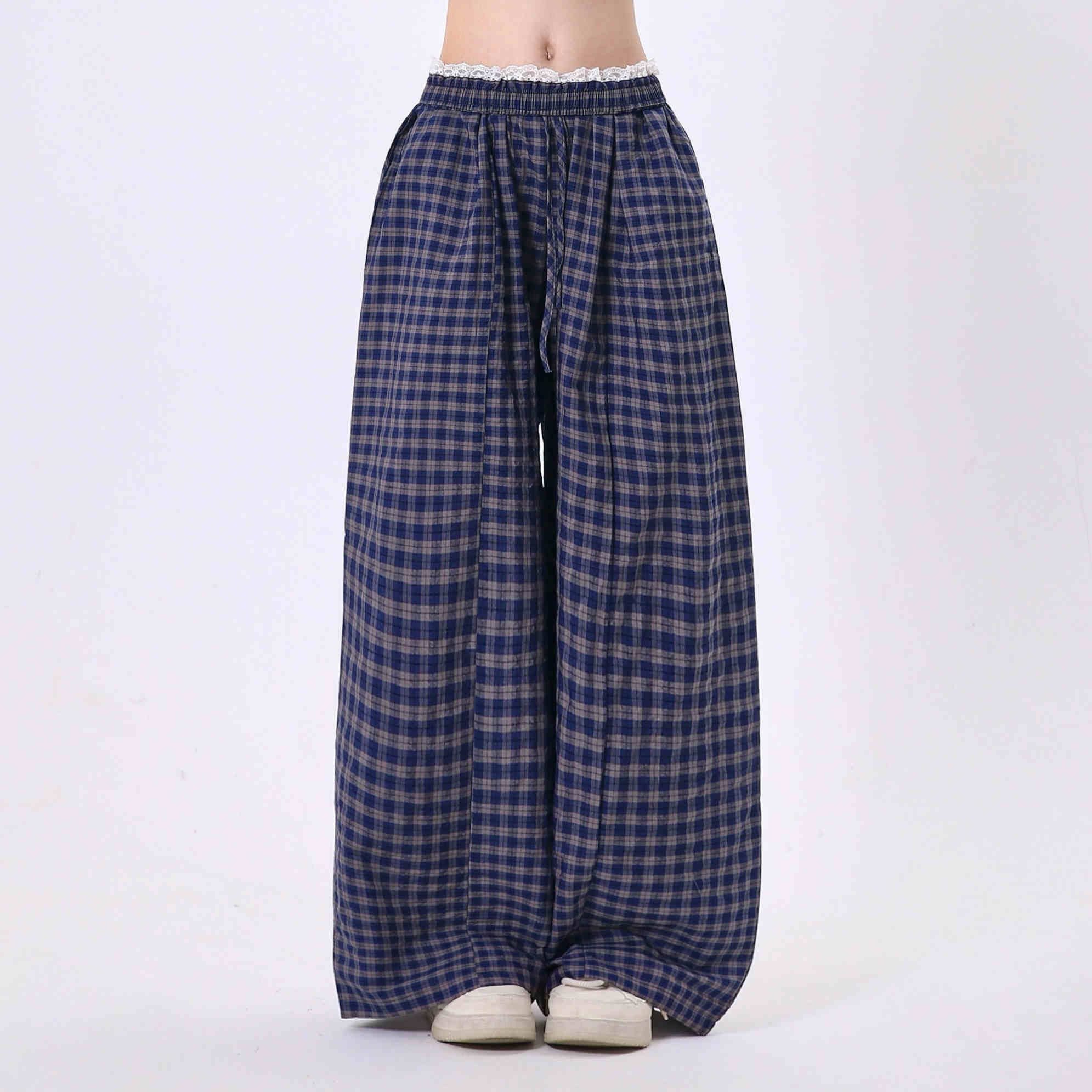 Casual Pants Women's Lace Stitching Plaid Loose-fitting Wide Leg Pants