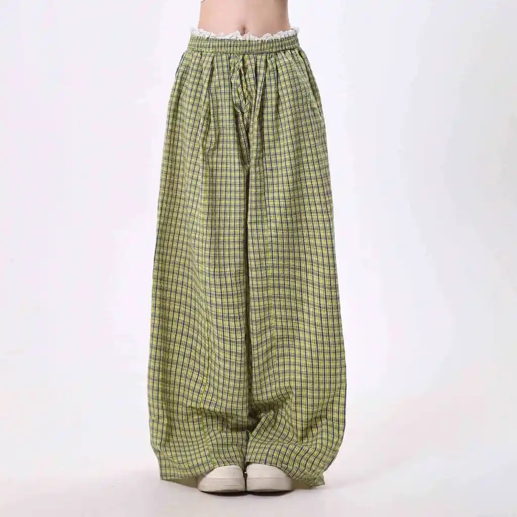 Casual Pants Women's Lace Stitching Plaid Loose-fitting Wide Leg Pants - Yellow Grid