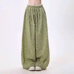 Casual Pants Women's Lace Stitching Plaid Loose-fitting Wide Leg Pants - Yellow Grid - View 1