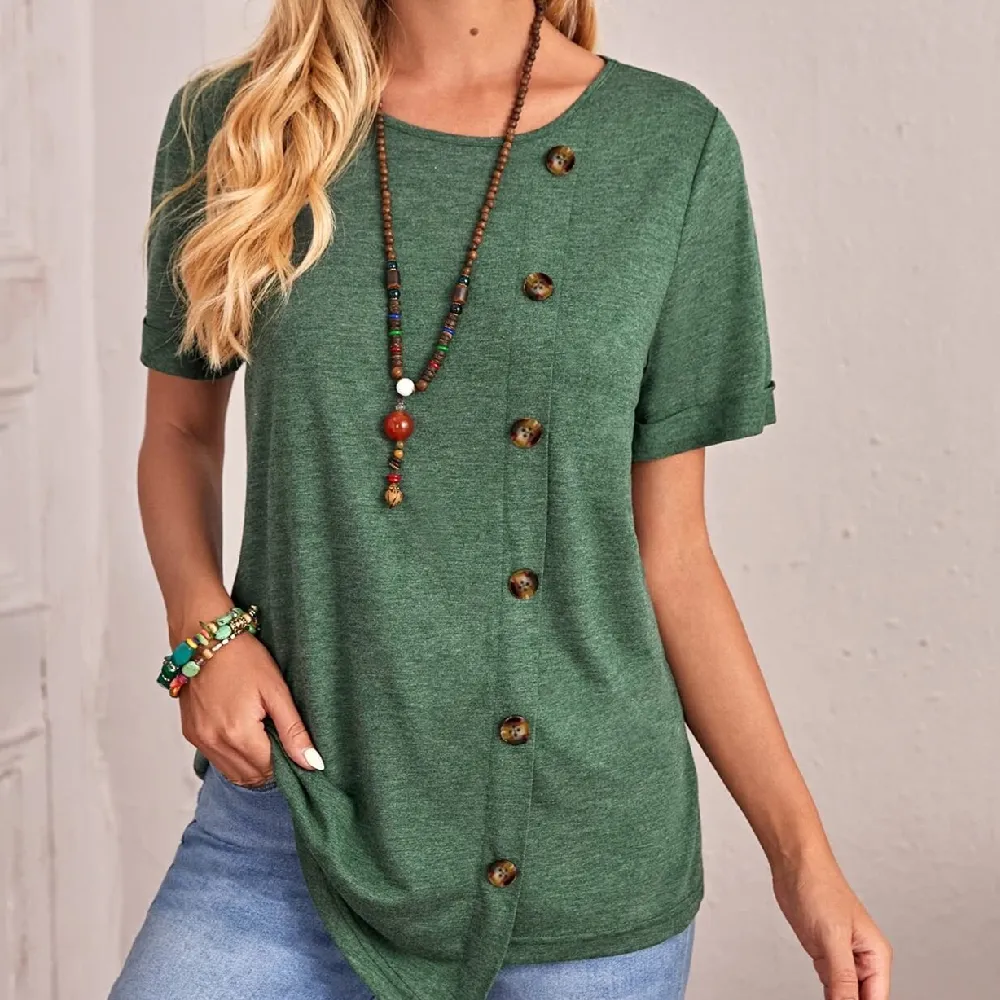 Round Neck Button Irregular Hem Short Sleeve T-shirt