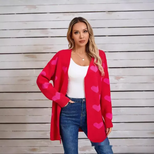 Casual Plus Size Patchwork Knitting Love Sweater Rose Red - Shop at LoveMi