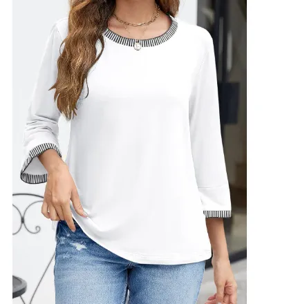 Women's Contrast Color Thread Round Neck Top Solid Color White - Shop at LoveMi