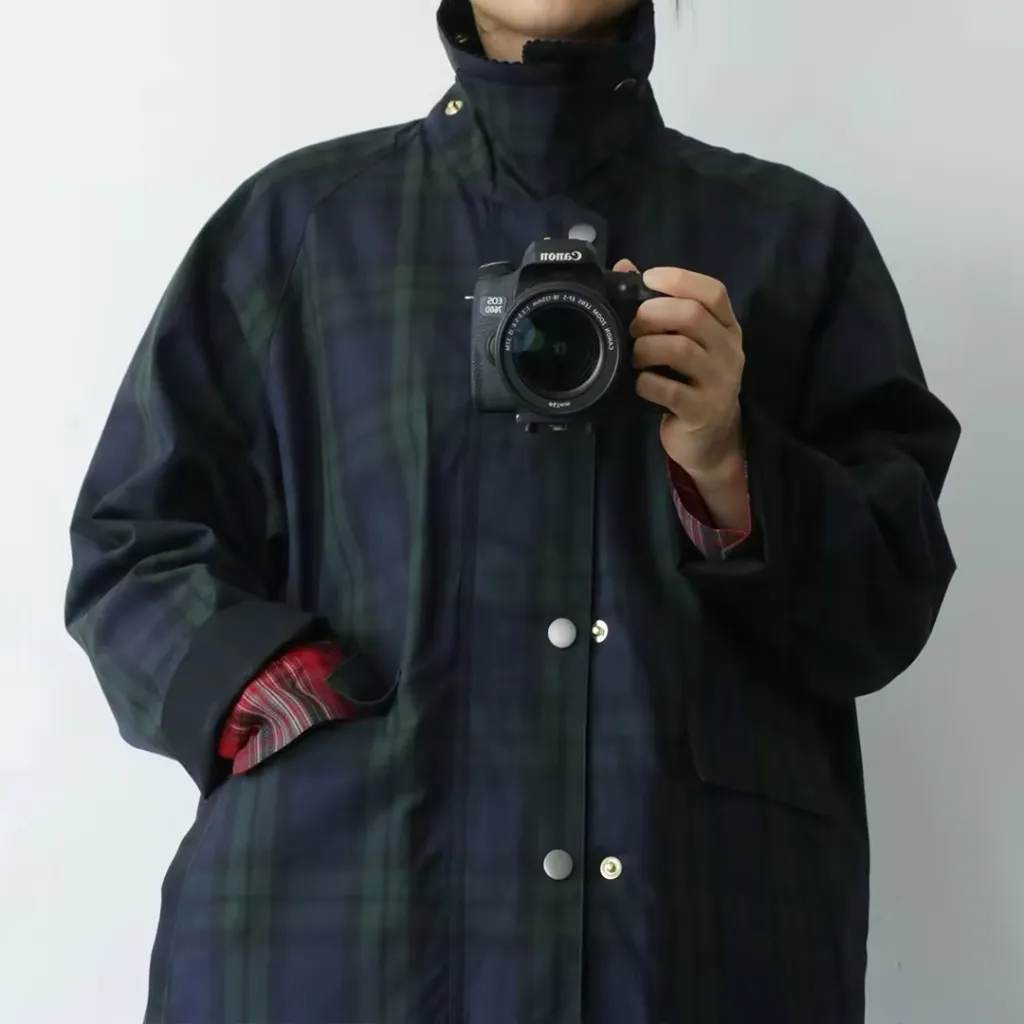 Japanese-style Retro Green Plaid Corduroy Turn-down Collar Coat - Dark Green