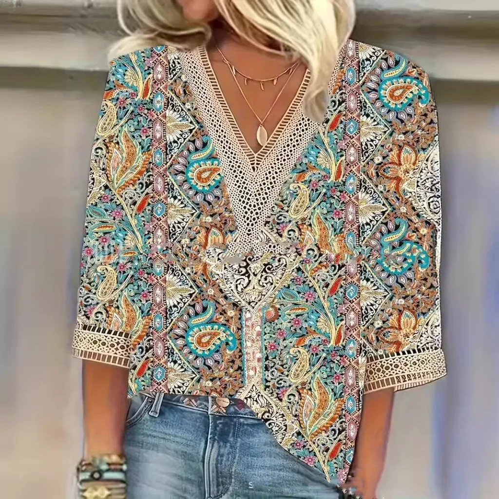 Women's Casual V-neck Stitching Lace Short Sleeve - Color-S
