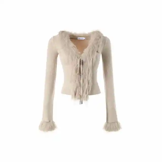 Woolen Sweater V neck Lace Up Cardigan Long sleeved Top Khaki - Shop at LoveMi
