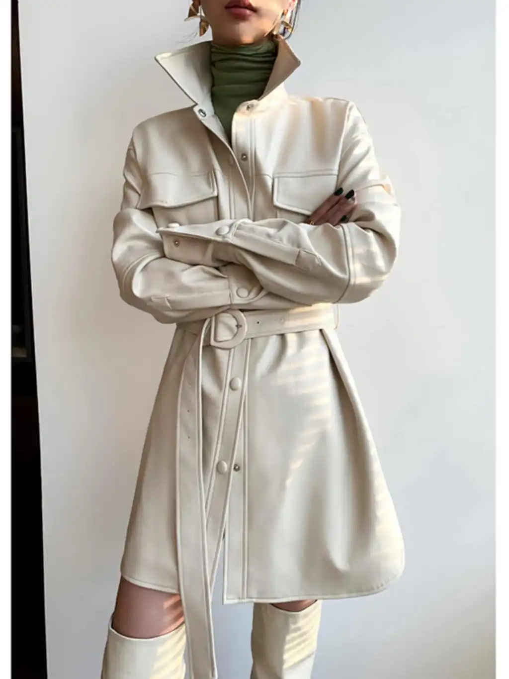 Retro White Shirt Leather Coat Women's Mid-length Cinched Blouse - White