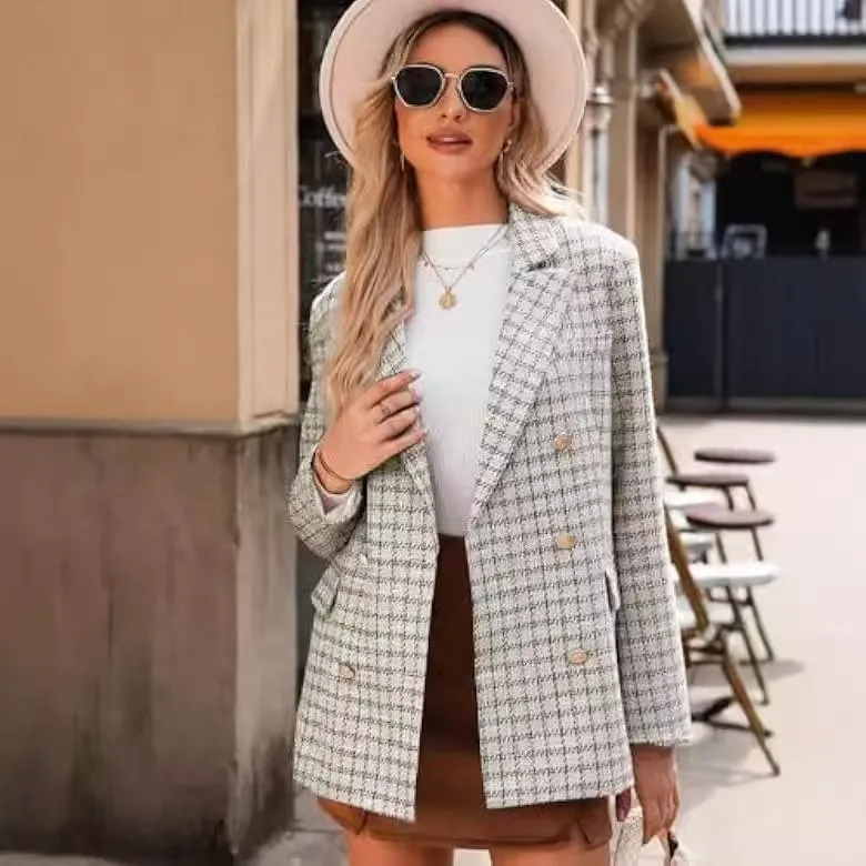 Women's Polyester Tweed Blazer With Fashion Casual Top Pockets - Gray Lattice