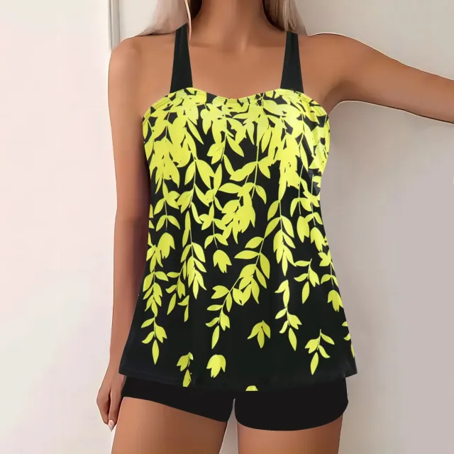 Split Leaf Print Bikini Swimsuit Plus Size Yellow - Shop at LoveMi