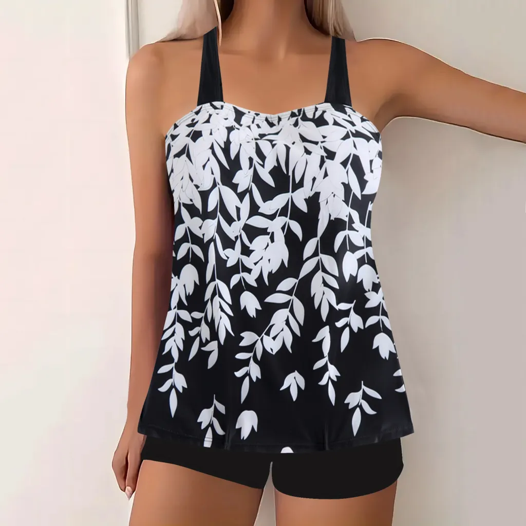 Split Leaf Print Bikini Swimsuit Plus Size - White