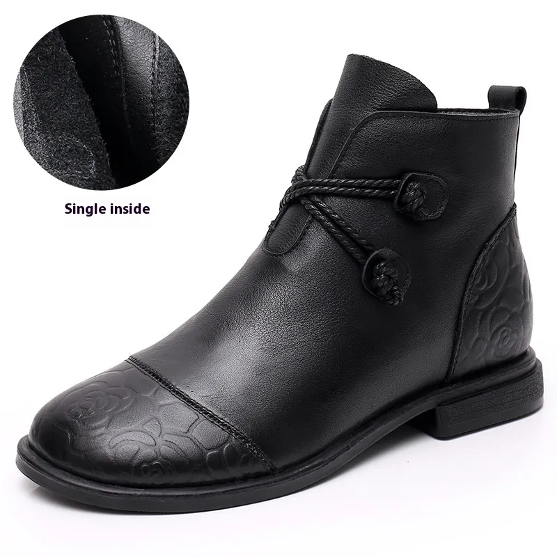 Plus Size Tube Single Ankle Boots Flat Leather - Black
