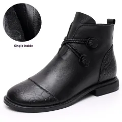 Plus Size Tube Single Ankle Boots Flat Leather - Black - View 1
