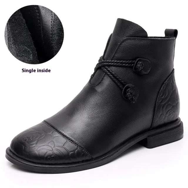 Plus Size Tube Single Ankle Boots Flat Leather Black - Shop at LoveMi