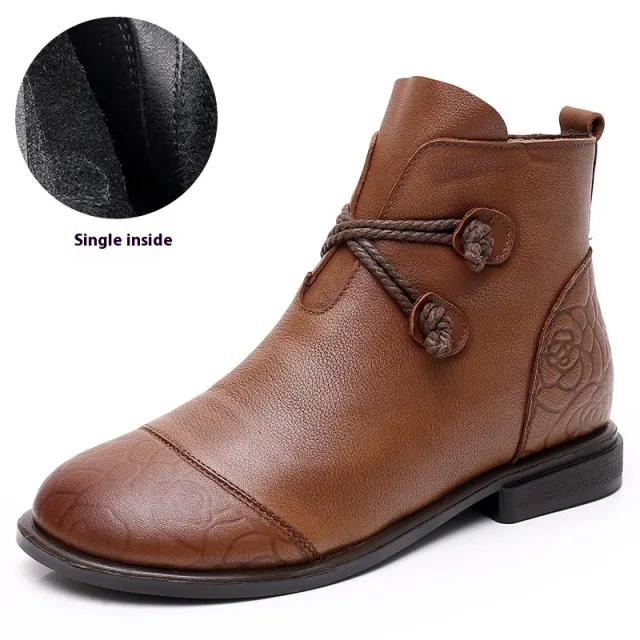 Plus Size Tube Single Ankle Boots Flat Leather Brown - Shop at LoveMi