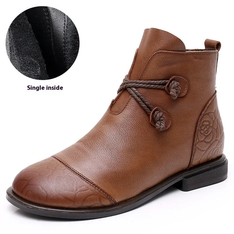 Plus Size Tube Single Ankle Boots Flat Leather - Brown