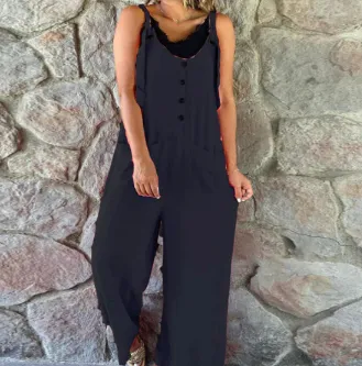 Fashion Casual Button Suspender Pants For Women - Black