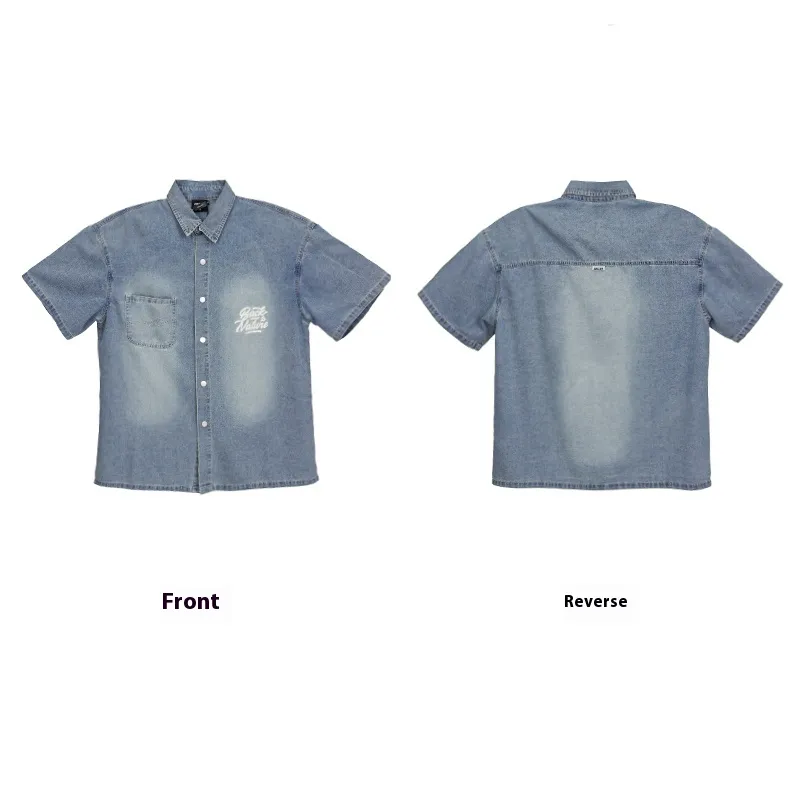 American Street Hip Hop Denim Suit Shirt Trousers - Short Sleeve