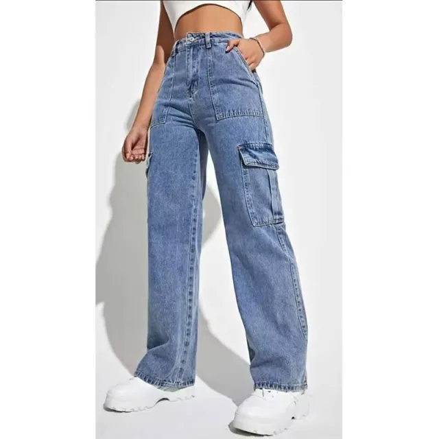 Cargo Jeans Women's Spring And Autumn Multi pocket Wide leg Casual Pants Blue - Shop at LoveMi