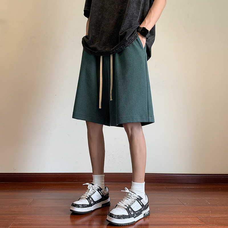 Hong Kong Style Men's Waffle Solid Color Basic Shorts