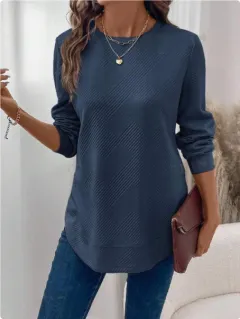Women's Crew Neck Casual Long Sleeve Shirt - Navy - View 1