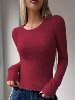 Round neck Comfortable Warm Long Sleeves Knitted Top Red - Shop at LoveMi