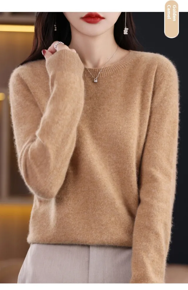 Pure Wool Sweater Crew Neck Pullover Sweater Loose Bottoming Shirt Camel - Shop at LoveMi