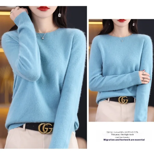Pure Wool Sweater Crew Neck Pullover Sweater Loose Bottoming Shirt Blue - Shop at LoveMi
