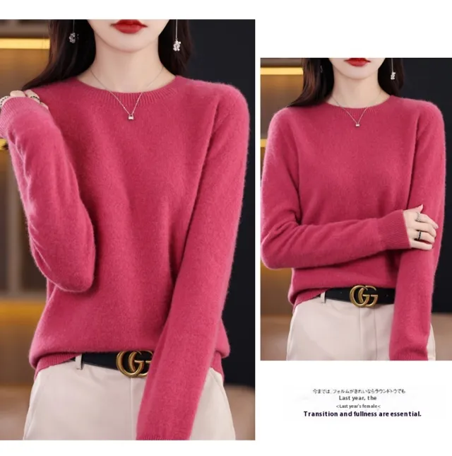 Pure Wool Sweater Crew Neck Pullover Sweater Loose Bottoming Shirt Raspberry Red - Shop at LoveMi