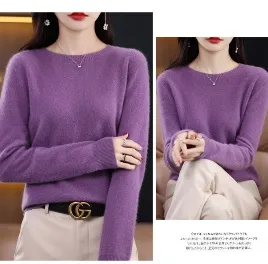 Pure Wool Sweater Crew Neck Pullover Sweater Loose Bottoming Shirt - Purple