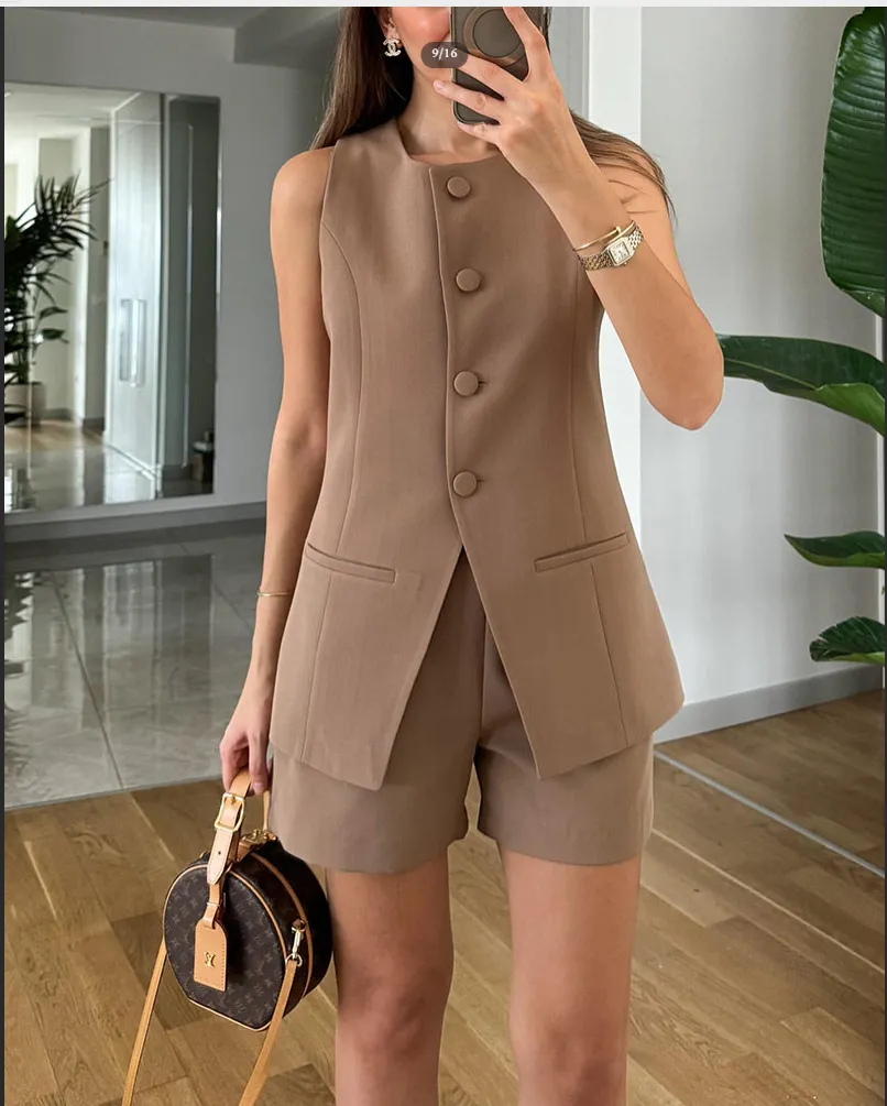 2-piece Sleeveless Round Neck Button High-waisted Trousers Business Work Suits - Brown