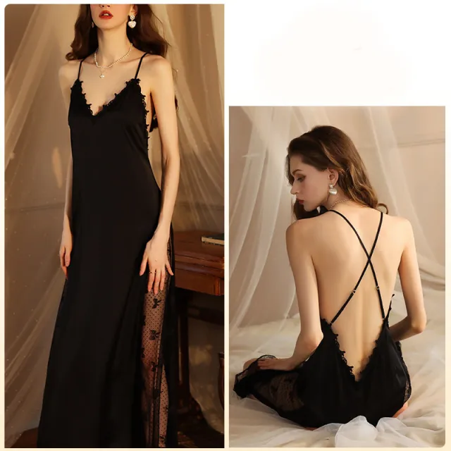 Sexy Satin Stitching Mesh Camisole Dress Two piece Pajamas Black - Shop at LoveMi