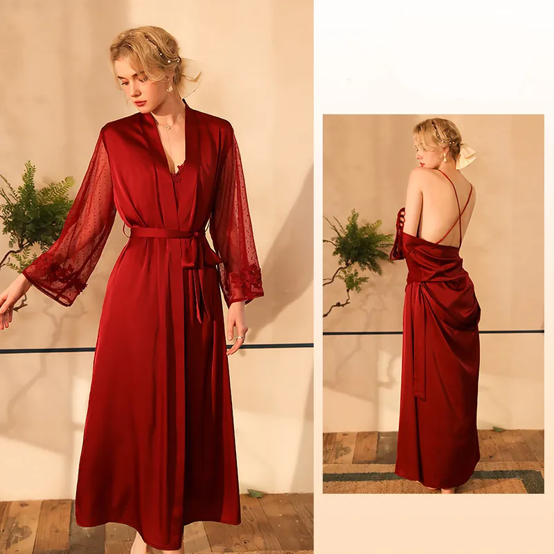 Sexy Satin Stitching Mesh Camisole Dress Two-piece Pajamas - 6076 Wine Red Outerwear Gown