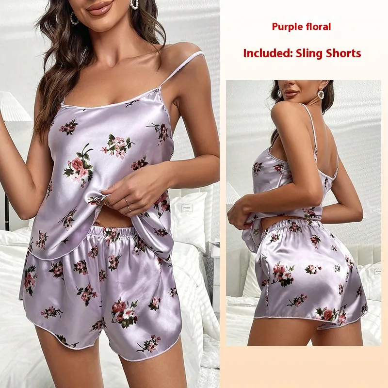 Satin Print Suspender Shorts Pajamas Suit - 428 Purple Flower