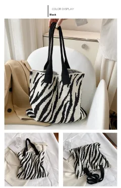 Tote New Large Capacity Single Shoulder Zebra Pattern Knitted Bag Women - Black - View 1