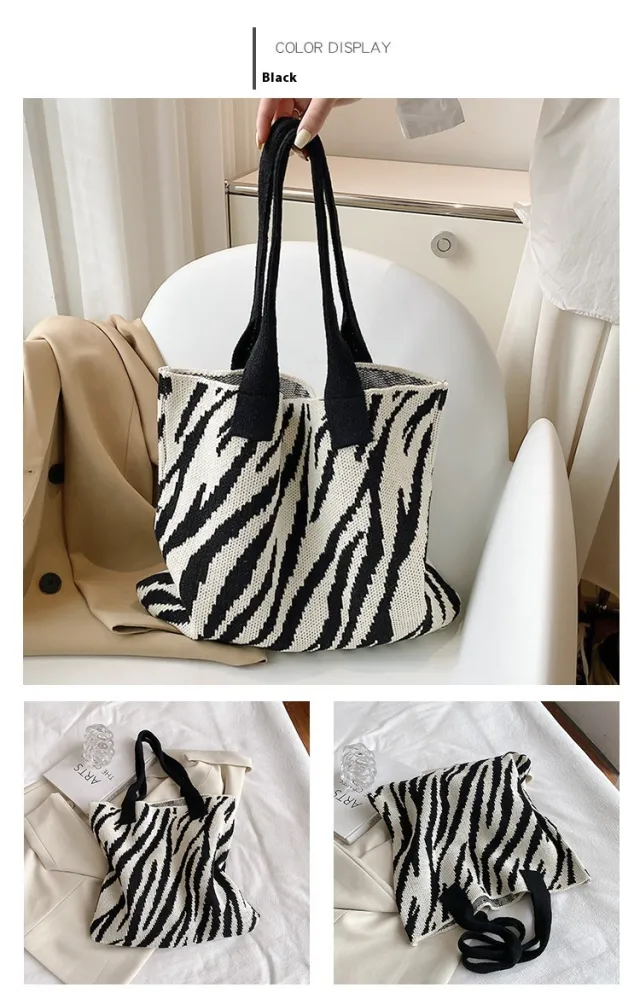 Tote New Large Capacity Single Shoulder Zebra Pattern Knitted Bag Women Black - Shop at LoveMi
