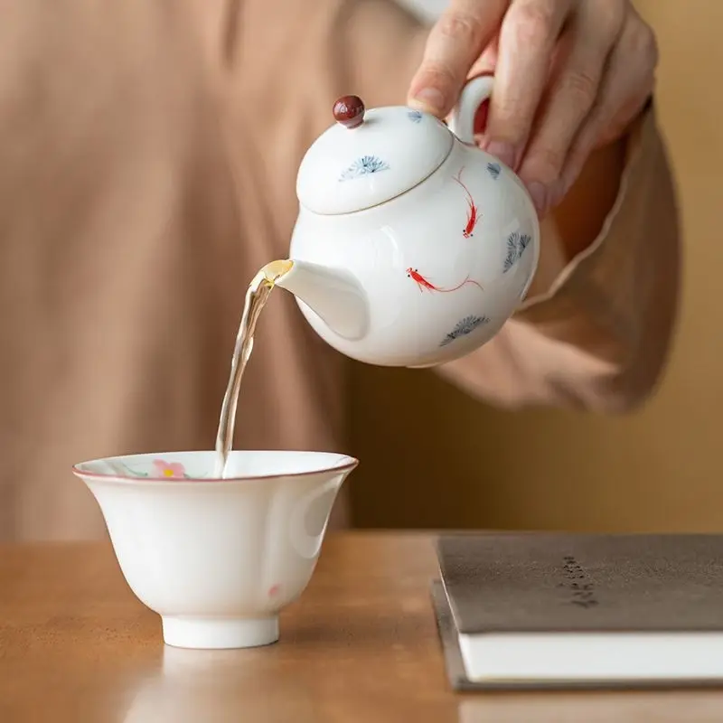 White Porcelain Hand Drawn Underglaze Fish Play Little Teapot