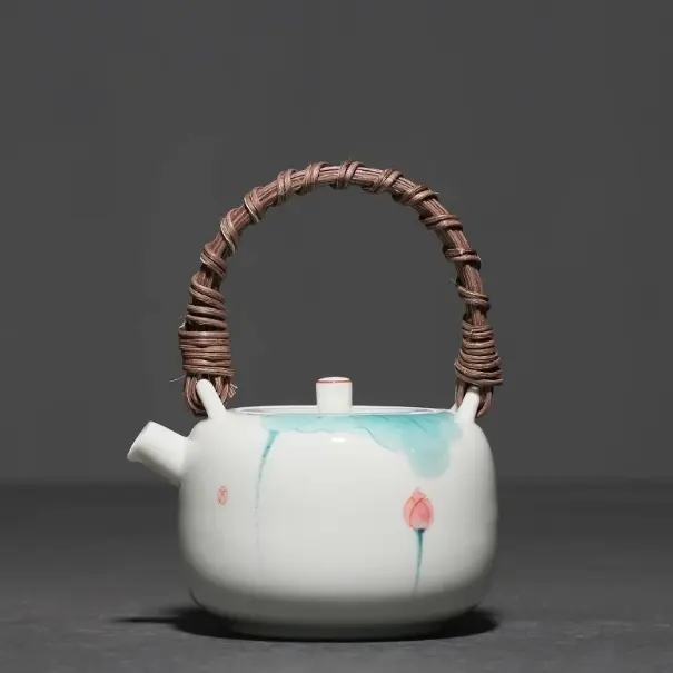 Hand-painted Lotus Underglaze Color Handle Pot Kung Fu Tea Set