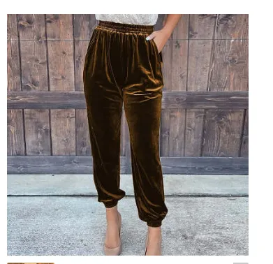 Women's Gold Velvet Trousers Straight Leg Elastic Waist Casual Pants Brown - Shop at LoveMi