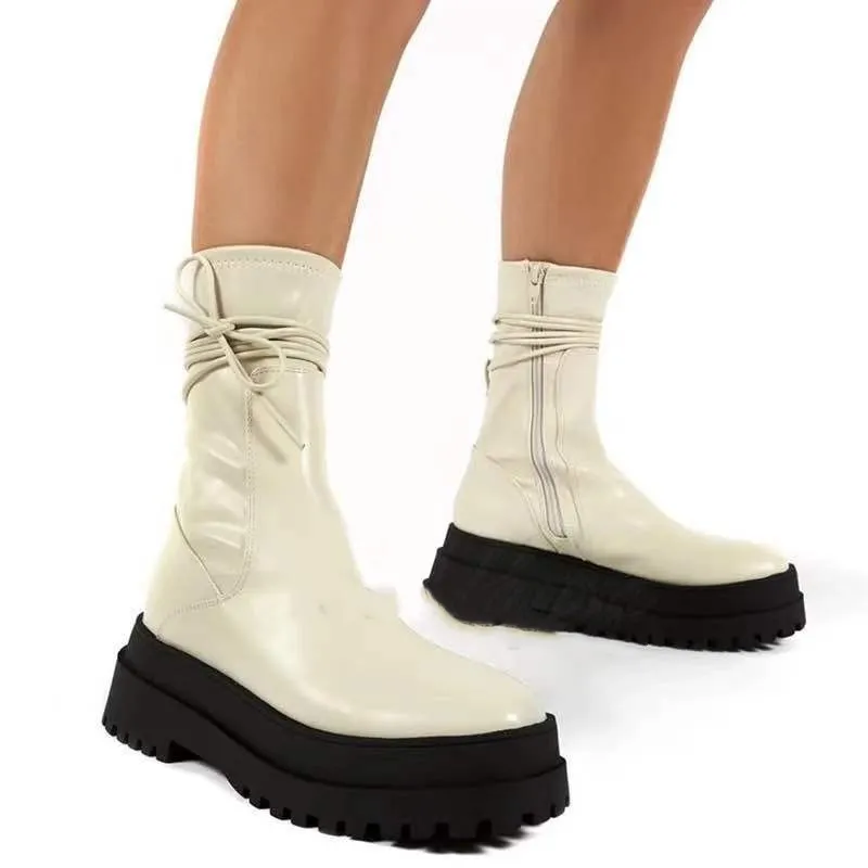 Platform Lace-up Middle Boots Plus Size Platform Heel Ankle Boots - Beige