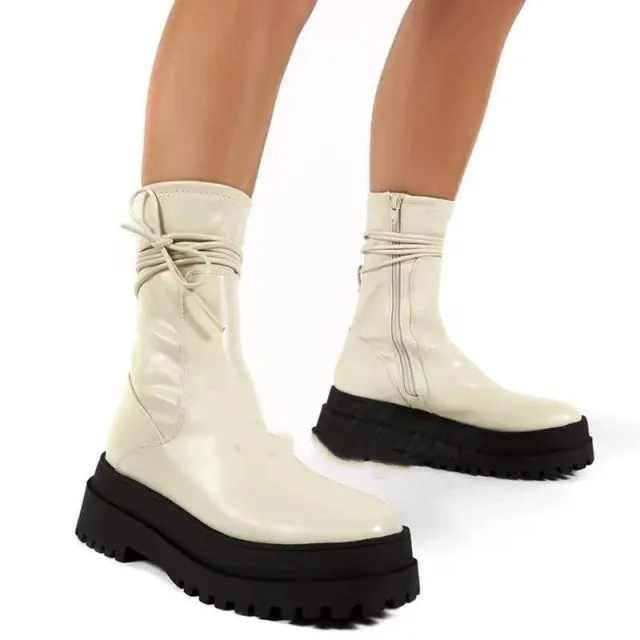 Platform Lace up Middle Boots Plus Size Platform Heel Ankle Boots Beige - Shop at LoveMi
