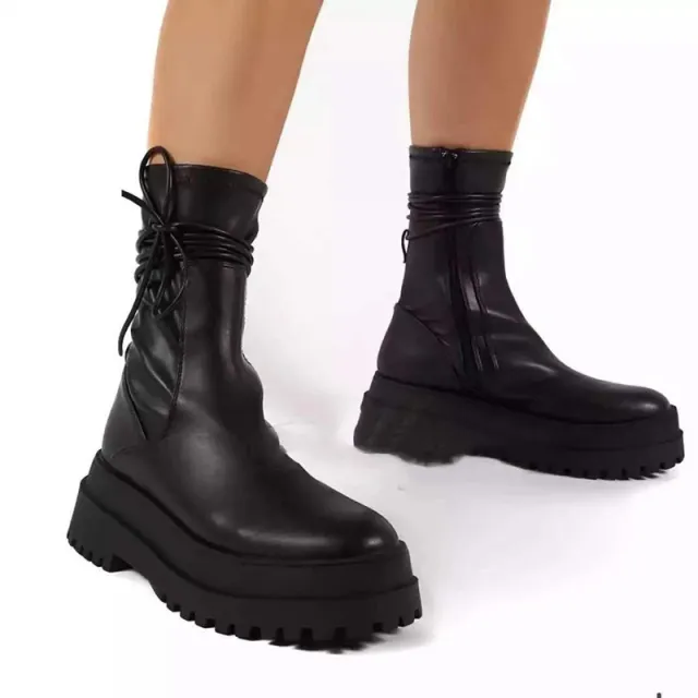 Platform Lace up Middle Boots Plus Size Platform Heel Ankle Boots Black - Shop at LoveMi