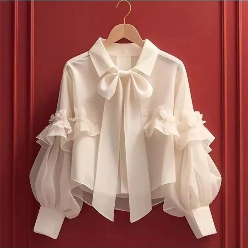 Women's Fashion Bowknot Long Sleeve Shirt Top - Off White