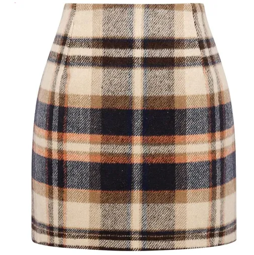 Women's High Waist Plaid Tight Pencil Wool Mini Skirt Khaki - Shop at LoveMi
