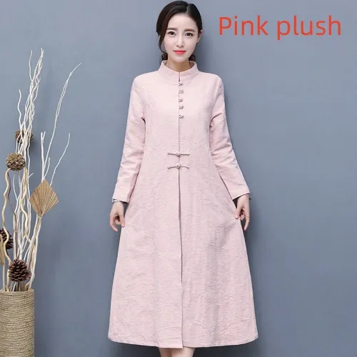 Women's Art Retro Cotton And Linen Windbreaker - Pink Plush